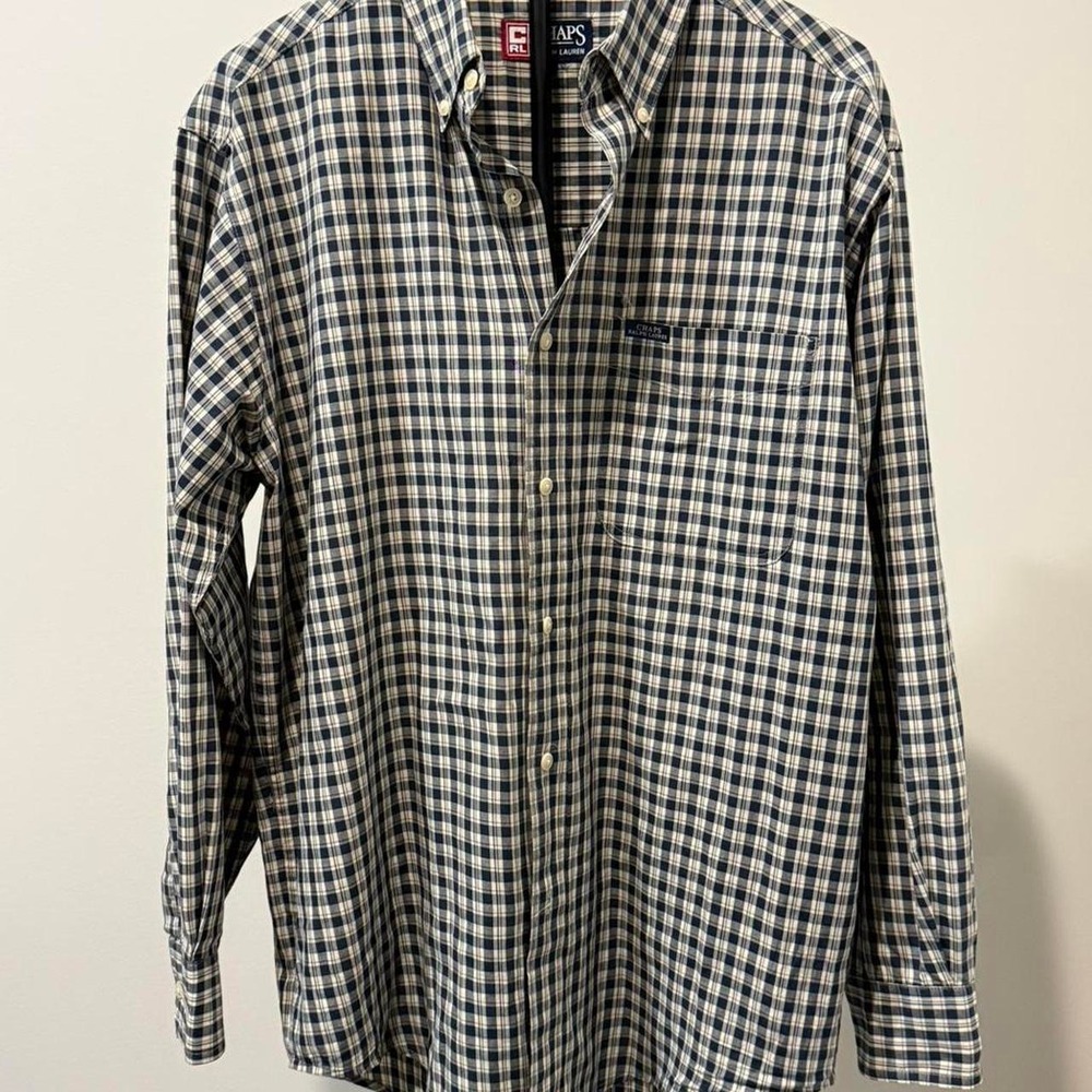 Ralph Lauren Chaps white and blue plaid button up shirt